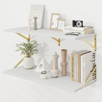 Dreamland Wall Mounted Floating Shelves Set of 2, 36x12, White&Gold | Engineered Wood, Visible Bracket, Large Storage, Hold Up to 60lbs, Living Room, Bathroom, Bedroom, Kitchen - color: White&gold, size: 36"W x 12"D