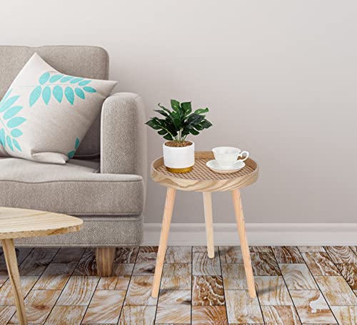 Small Side Table, Rattan Nightstand, Round End Boho Bedside Accent Mid-Century Modern Bed Tables for Living Room Bedroom Office Balcony(Natural Walnut) - color: Natural Walnut