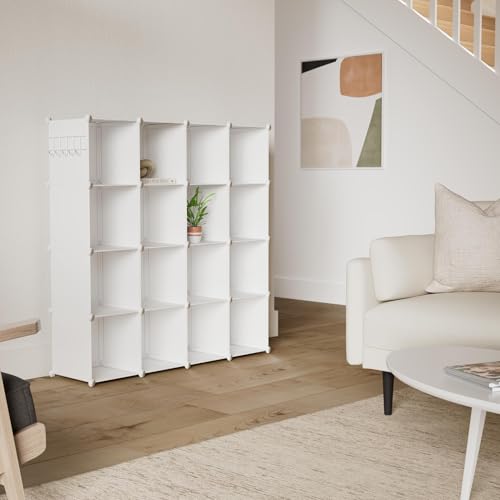 C&AHOME 16 Cube Storage Organizer Cube Shelves Units Storage Cubes, Milky | Plastic DIY Closet Organizer, Stackble Modular Closet Storage Shelves Ideal for Home, Bedroom, 48.4" L × 12.4" W × 48.4" H - color: Milky