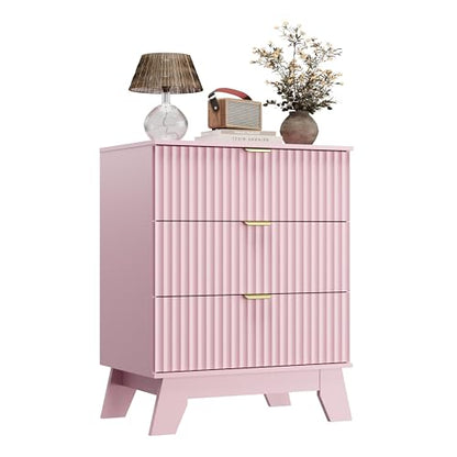 Night Stand Set 2, Bedside Table & End Table, Mid Century Modern Fluted Wood Nightstand with 3 Drawers & Metal Handles, Farmhouse Nightstand for Bedroom, Pink - color: Pink, style: 3 Drawers-2 PCS