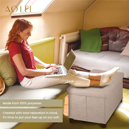 30 Inches Storage Ottoman Bench, Storage Bench with Wooden Legs for Living Room Ottoman Foot Rest Removeable Lid for Bedroom End of Bed, Linen Fabric, Folding Beige Ottoman