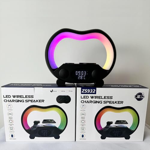 IHAO 6in1 Wireless Charging Station with Bluetooth Speaker Time&Temperature Display Alarm Clock 7-Color LED Night Lights Fast Charger for Phone, Apple Watch, Earbuds Remote Control Auto Shutoff-Black - color: 6in1 Wireless Charger Alarm Clock ZS932 Black