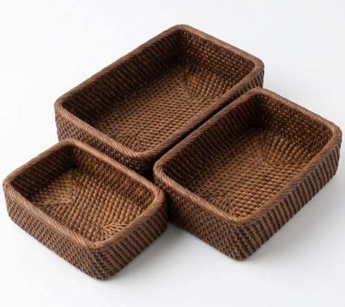 Yangqihome Natural Rattan Storage Baskets, Rectangular Woven Fruit Baskets, Decorative Wicker Basket and Small Baskets for Organizing,Set of 3, (Brown) - size: Brown S / M / L