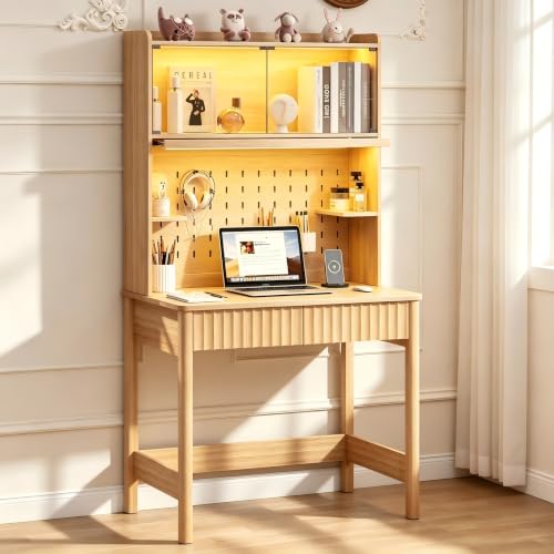 Lvifur 31.5" LEDStudy Desk with Hutch,Outlets,Reading Lights | Computer Desk with Charging Station,2 Drawer,Compact Writing Desks,Home Office Desks for Bedroom,Natural - color: Natural