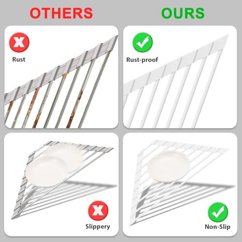 HANZENMA Triangular Sink Rack, Multi-Functional Rack Above the countertop, Foldable Sink Drying mat, Heat-Resistant, Non-Slip, and Rust-Proof Dish Rack (White) - color: White, size: Triangle: 15.8" x 9"