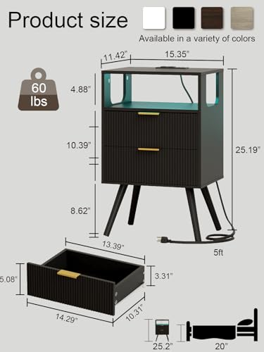 Leomonio Nightstand with Charging Station and LED Lights, Modern Bedside Table with 2 Storage Drawer and Open Wood Shelf for Bedroom and Small Spaces, Night Stand with Solid Wood Legs - color: Black-outlet