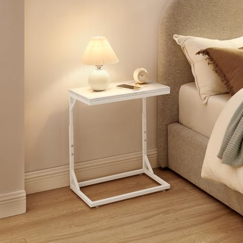 C-Shaped End Table, Small Sofa Table with Metal Frame, Adjustable Height Side Table for Couch, Living Room, Bedroom, Bedside (White, Medium) - color: White, size: Medium
