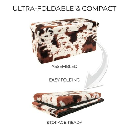 Luxe Faux Fur Storage Ottoman, Cowhide Brown/White, 30 x 15 x 15 in | Engineered Wood, Tool-Free Assembly, Modern Style, Seat And Footrest - color: Cowhide Brown/White, size: 30"D x 15"W x 15"H