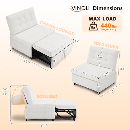 VINGLI Convertible Sofa Bed Tufted Teddy Fleece Sleeper Chair Bed Couch Armless Living Room Chairs with Adjustable Backrest Pull Out Couch Bed for Small Spaces - color: White