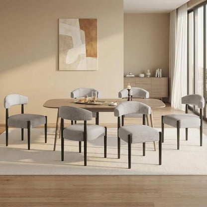 VKNOW Wooden Dining Chairs Set of 6 with Black Wood Legs, Curved Backrest | Modern Upholstered Dining Chairs with Thickened Cushion, Soft Chenille Fabric, for Dining Room/Kitchen, Brown - color: Brown(black Legs), size: Set of 6