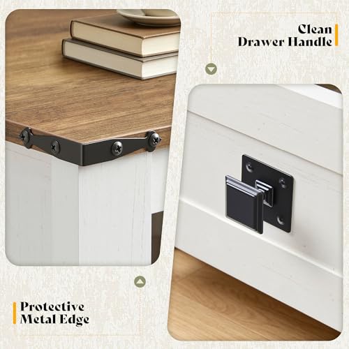 AMERLIFE Farmhouse Wood Nightstand Set of 2, End Table with Drawers, White | Narrow/Small 18" Bedside Table with Open Shelf, Wooden Night Stand for Bedroom/Home Office, Rustic White + Honey Brown - color: Rustic White + Honey Brown