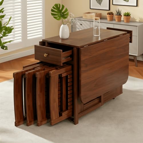 Drop Leaf Table and Chairs - 51" Fully Assembled Folding Dining Table 4-6 Seater with Storage and Lockable Wheels, Space-Saving Set with 4 Chairs for Kitchen or Dining Room (Walnut) - color: Walnut, size: 51.18″L Table & 4 Chairs