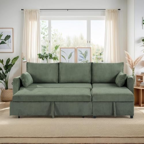85'' Queen 3-Seat Pull Out Sleeper Sofa Bed with Storage, Green | Convertible Sofa Bed with Storage, 85 Inch,L Shaped 3 Seat Sectional Sleeper Sofa - color: C-green-3r