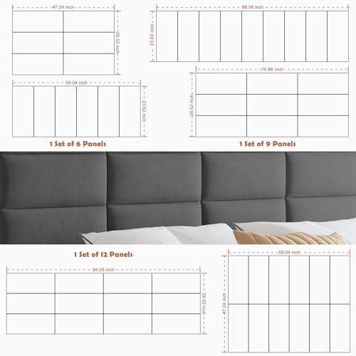 IFNOW Wall Mounted Headboard, Peel and Stick Panels, Dark Grey, King | Upholstered 3D Soundproof Acoustic Panels, Reusable and Removable, Padded Leather Bed Headboard, 12 Panels, 9.84" x 23.62" - color: Leather-dark Grey, size: King