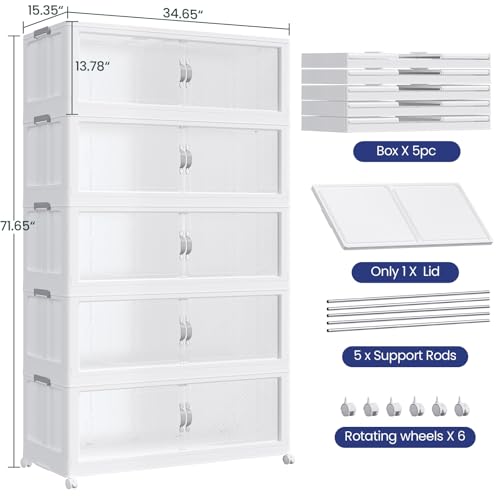 300Gal/1200QT 5-Tiers Extra Large Stackable Storage Bins with Lid, Collapsible Cabinet Closet Organizer Plastic Container Box with Wheels Doors Drawers for Office Dorm Kitchen, White - color: White, size: 60Gal-5Pack
