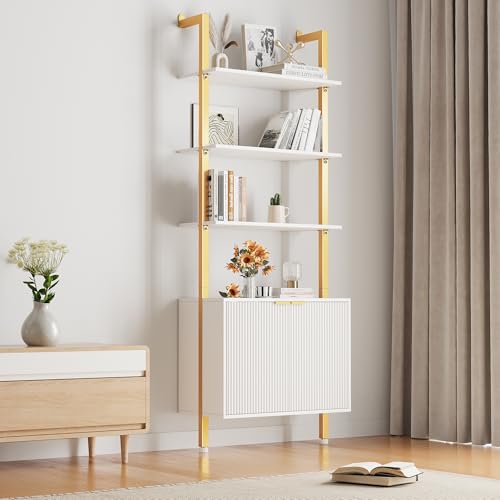 74" Tall Bookshelf with Storage Cabinet, Modern Ladder Shelf with Wood and Metal Frame, Wall Mount Bookcase Open Display Shelf Furniture for Living Room, Bedroom, Home Office, Gold - color: White & Gold
