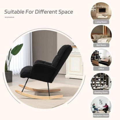 Rocking Chair Nursery Teddy Upholstered Glider Rocker Rocking Accent Chair Padded Seat with High Backrest Armchair Comfy Side Chair for Living Room Bedroom Offices (Black Teddy) - color: Black