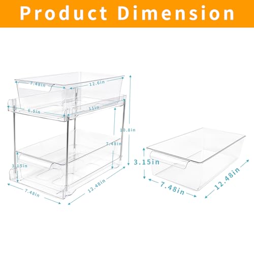 4Pack 2-Tier Bathroom Storage Organizer, Clear Under Sink Organizers Kitchen Vanity Counter Storage Container, Medicine Cabinet Drawers Bins, Pull-Out Organization with Track for Pantry