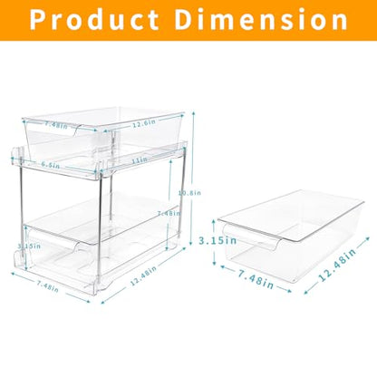 4Pack 2-Tier Bathroom Storage Organizer, Clear Under Sink Organizers Kitchen Vanity Counter Storage Container, Medicine Cabinet Drawers Bins, Pull-Out Organization with Track for Pantry
