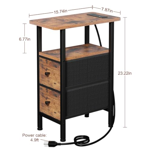 Narrow End Table with Charging Station, Small Nightstand | Skinny Side Tables Living Room with 2 Fabric Drawers, Bedside Table with LED Lights for Bedroom, Small Spaces, Rustic Brown - color: Rustic Brown + Black, size: 23.22''H (2 Drawers), style: Power