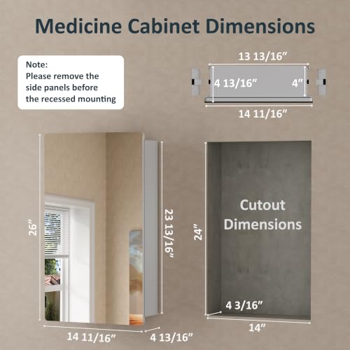 14 x 24 Inch Recessed Medicine Cabinet with Mirror for Bathroom, Silver | Wall Mounted Cabinet for Storage, Adjustable Glass Shelves, Soft-close DTC Hinges, HD Reflection, Pre-assembled, Aluminum - color: Silver, size: 14x24