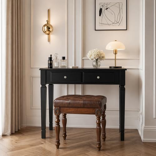 LEEMTORIG 31.5" Solid Wood Small Vanity Desk with Flip-top Mirror, Compact Wooden Writing Desk with Drawers, 3 in 1 Secretary Desk/Dressing Table/Nightstand for Small Space, Black SZT-D0036-BK - color: Black