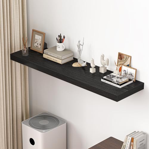 Dreamland 55" Floating Shelves for Wall, 12" Deep Thicker Black Floating Shelves, Wall-Mounted Shelves for Bedroom, Living Room, Kitchen, Bathroom - Set of 1 - color: Black, size: 55"W x 12"D x 2"H, Set of 1