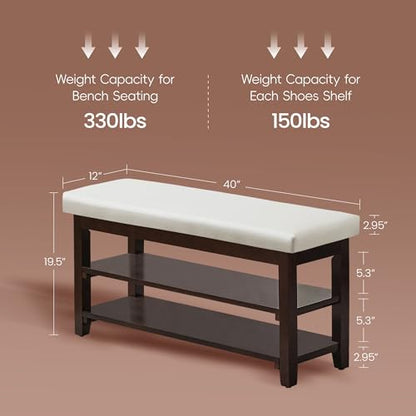 40" Entryway Bench, Shoe Storage Bench, White | Leather Cushion, Shoe Rack, End of Bed Bench for Front Door Entrance, Mudroom - color: White