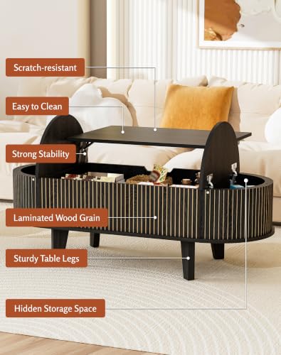 Oval Lift Top Coffee Table with Storage, Fluted 47" Wood Mid Century Modern Coffee Table for Living Room, Black - color: Black-oval (Flip Top)