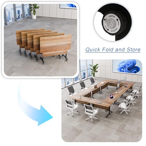 Folding Conference Table with Wheels, Flip Top Folding Conference Room Table for 2-12 Person, Mobile Training & Meeting Room Table, Modular Nesting Office Boardroom Desk with Lockable Casters - color: Light Walnut, size: 47.2in