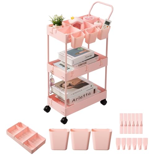 Slim Storage Cart, 3 Tier Narrow Rolling Cart on Wheels Bathroom Organizer with Dividers Handle Hanging Cups Hooks for Laundry Room Kitchen Small Spaces, Pink - style: 3 Tier Pink