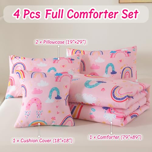 Rainbow Girls Bedding Set Full Size, Love Hearts Pink Rainbow Comforter Set Full Bedding Sets for Girls Kids - color: Rainbow-1, size: Full-4pcs