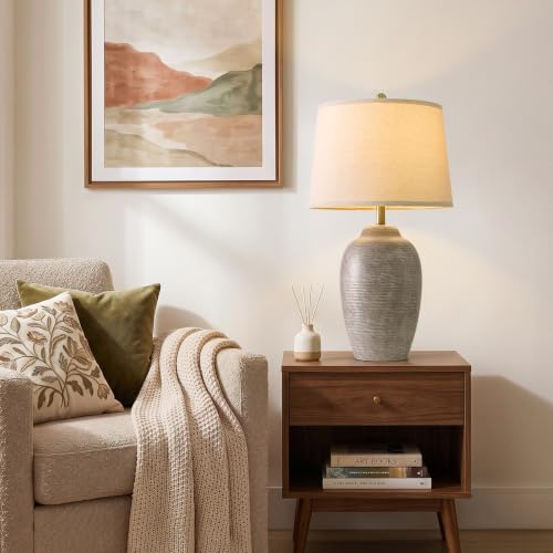 USumkky 29.5" Tall Vintage Ceramic Table Lamp with 5FT Cord - Single Large Rustic Farmhouse Bedside Lamp with Linen Shade & Natural Textured Finish, Nightstand Table Lamp for Bedroom End Table,Grey - color: 29.5" Grey