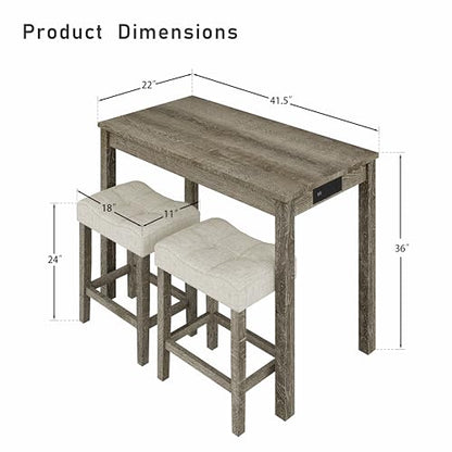 allamazing 3-Piece Counter Height Bar Table Set with Socket and 2 Fabric Padded Bar Stools, Tall Kitchen Breakfast Dining Table Set with Stools (1+2 Natural) - color: 1+2 Natural