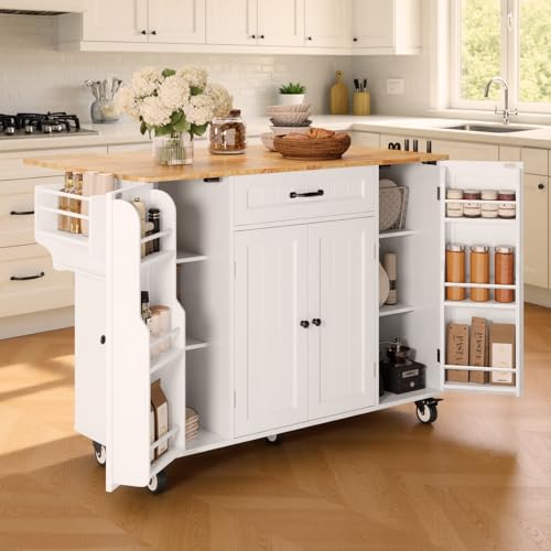 47.6" Kitchen Island with Storage, Drop Leaf, Knife Holder, White | Kitchen Island on Wheels with Door Cabinet, Drawer, Spice Rack, Towel Rack, and Knife Holder for Kitchen Storage - size: 47.6 Inch-White