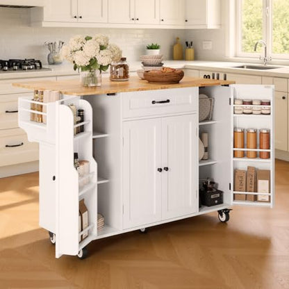 47.6" Kitchen Island with Storage, Drop Leaf, Knife Holder, White | Kitchen Island on Wheels with Door Cabinet, Drawer, Spice Rack, Towel Rack, and Knife Holder for Kitchen Storage - size: 47.6 Inch-White