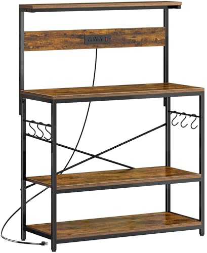 SUPERJARE Bakers Rack with Power Outlets, Microwave Stand, 39.4 X 14.3 Inch Larger Desktop, Kitchen Storage Rack with Adjustable Middle Shelf, 6 S-Shaped Hooks, Coffee Bar Stand, Rustic Brown - color: Rustic Brown, size: 39.4inch