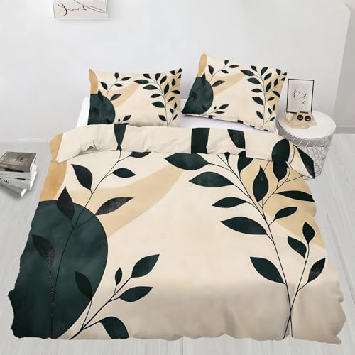 Leaves Bedding Duvet Cover, Abstract Plant Comforter with Zipper & Ties, Boho Mid-Century Duvet Cover with 2 Pillowcases, Reversible Bedroom Bedding Set, Full Size Neutral Botanical Design - color: Abstract Plant, size: Full (80 x 90 in)