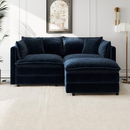 Aoowow Modular Sectional Sofa Modern Convertible Loveseat Couch,77.16 Inch Deep 2-Seater Sofas Comfy Chenille Cloud Sofas and Couches Set with Movable Ottoman for Living Room Apartment（Blue） - color: Blue, size: 2 Seat + Ottoman
