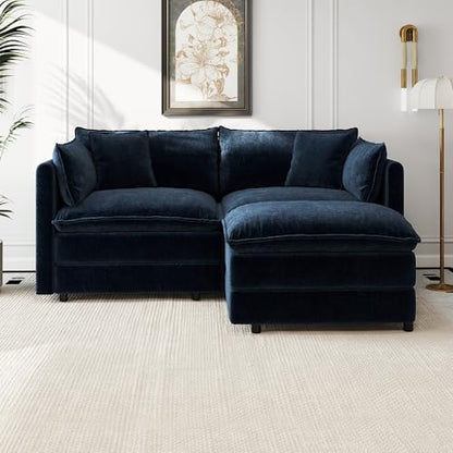 Aoowow Modular Sectional Sofa Modern Convertible Loveseat Couch,77.16 Inch Deep 2-Seater Sofas Comfy Chenille Cloud Sofas and Couches Set with Movable Ottoman for Living Room Apartment（Blue） - color: Blue, size: 2 Seat + Ottoman