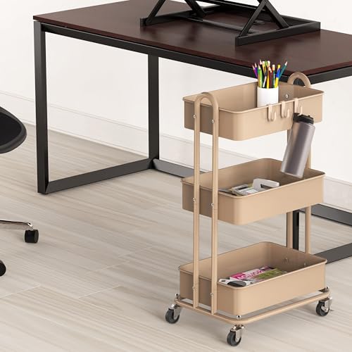 Simple Houseware 3-Tier Heavy Duty Metal Utility Rolling Cart, Khaki - color: Khaki