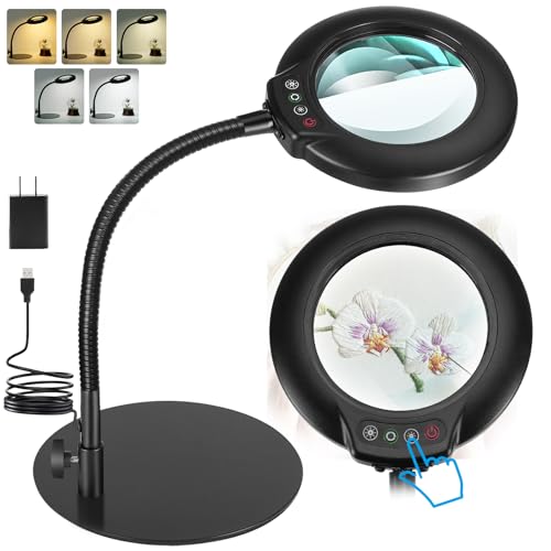 IVMAIE 12X Magnifying Glass with Light, Real Glass Lens, 5 Color Mode | Flexible Gooseneck Magnifier with Stand, LED Lighted Dimmable Desk Lamp Hands Free for Crafts Painting Reading Close Work - color: Black