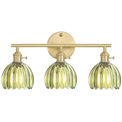 Shenmoyl Bathroom Light Fixtures, 3-Light Brass Vanity wall Light Over Mirror with Green Tulip Glass Shade for Bedroom Living Room (Bulb Not Included) - color: Yellow Gold Base-Green, size: 3-light