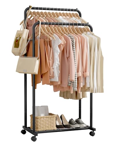 Sakugi Clothes Rack - Clothing Rack with Storage Mesh Shelf & Casters, Heavy-Duty Metal Clothing Rack for Hanging Clothes, Dresses, Coats, Large Load Capacity, Easy Assembly, Black, 28.0"x16.0"x59.0" - color: Black, size: 28.0" x 16.0" x 59.0" (2 Rods)