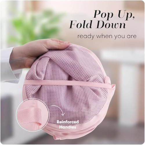 Handy Laundry Collapsible Mesh Pop Up Laundry Hamper with Side Pocket, Breathable & Space-Saving Foldable Basket for Clothes, Toys, Travel, Storage, 14 x 13 x 24 in, Pink - color: Pink