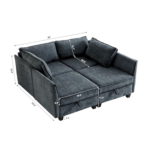 Sleeper Modular Sectional Sofa Set, Convertible Couch Bed with Storage, 4 Seater and 4 Armrestes Sofa Modular for Living Room, Office (Blue Grey) - color: Blue Grey, size: 4 Seater Sleeper Sofa - 2