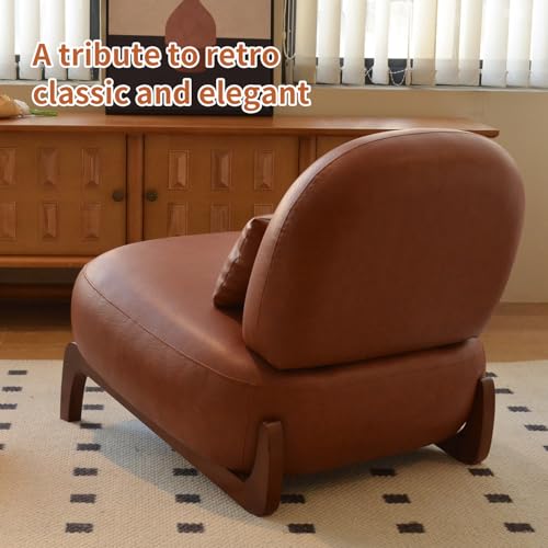 Brown Faux Leather Slippers Chair with Solid Wooden Legs | Low Armless Accent Chair with Soft Cushion, Comfy Upholstered Side Chairs for Living Room, Bedroom, Balcony or Reading Room - color: Brown