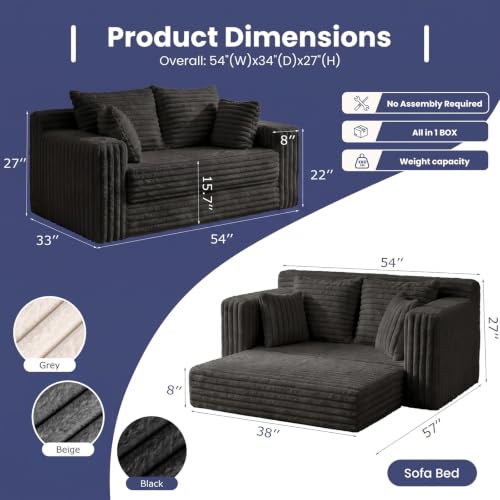3-in-1 Convertible Sofa Bed: Boneless Loveseat Sleeper & Folding Couch Bed with 4 Pillows & Detachable Cushion,Furry Futon Couch for Bedroom,Apartment,Office and Living Room, No Assembly,Black - color: D-black, size: Loveseat Sofa