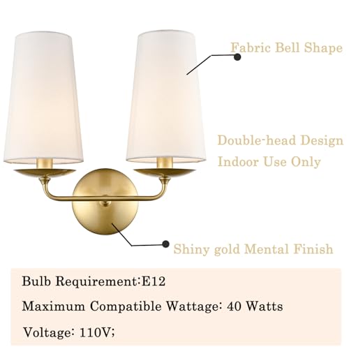 Moose Modern Gold 2-Light Wall Sconces Hardwired Brass Double Sconce with Fabric Shade for Bedroom, Fireplace, Staircase, Bathroom, Hallway - color: Gold, size: 1-Pack | 2-Light