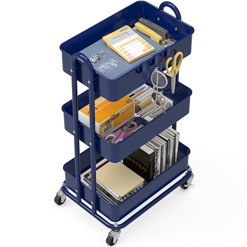 Simple Houseware 3-Tier Heavy Duty Metal Utility Rolling Cart, Navy - color: Navy
